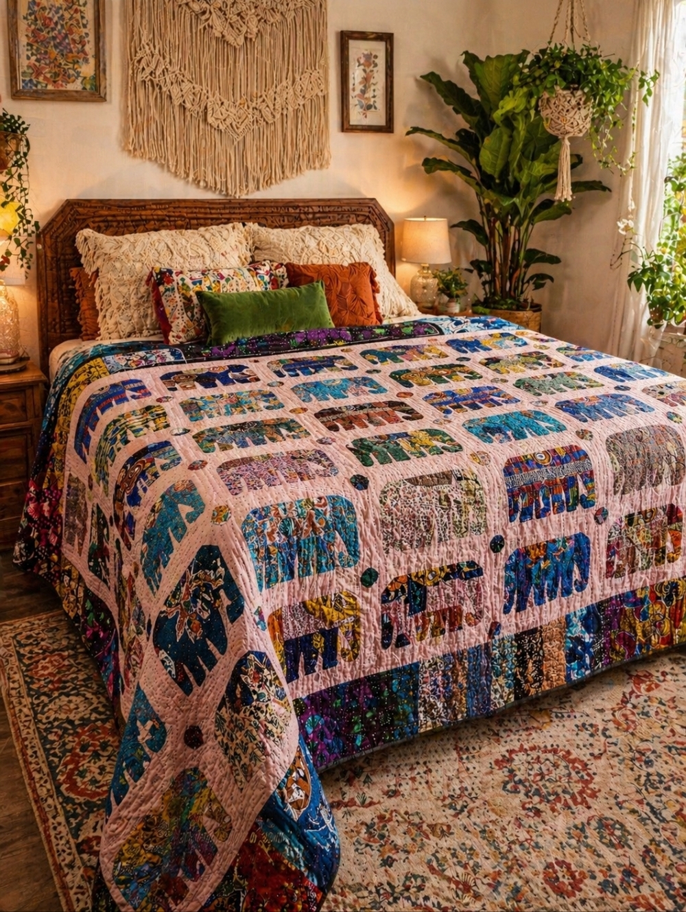 Handmade Elephant Print Kantha Quilt Queen Sized Boho Bedding Patchwork Blanket